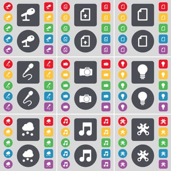 Microphone, Upload file, Microphone, Camera, Light bulb, Cloud, Note, Wrench icon symbol. A large set of flat, colored buttons for your design. illustration