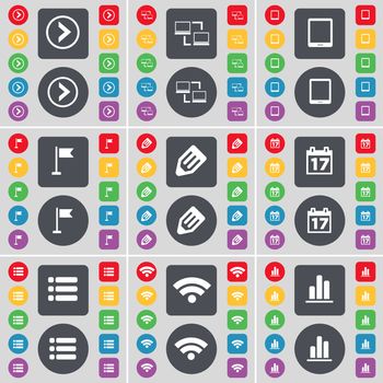 Arrow right, Connection, Tablet PC, Golf hole, Pencil, Calendar, List, Wi-Fi, Diagram icon symbol. A large set of flat, colored buttons for your design. illustration