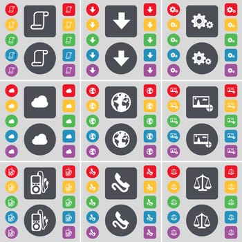 Scroll, Arrow down, Gear, Cloud, Earth, Picture, MP3 player, Receiver, Scales icon symbol. A large set of flat, colored buttons for your design. illustration