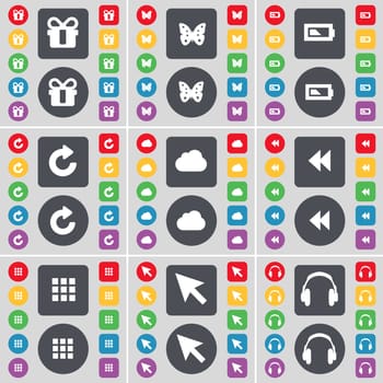 Gift, Butterfly, Battery, Reload, Cloud, Rewind, Apps, Cursor, Headphones icon symbol. A large set of flat, colored buttons for your design. illustration