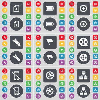 Download file, Battery, Plus, Rocket, Flag, Videotape, Smartphone, Ball, Network icon symbol. A large set of flat, colored buttons for your design. illustration