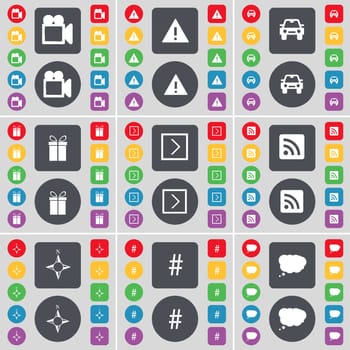 Film camera, Warning, Car, Gift, Arrow right, RSS, Compass, Hashtag, Chat cloud icon symbol. A large set of flat, colored buttons for your design. illustration
