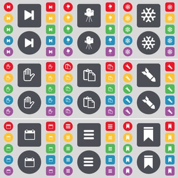 Media skip, Film camera, Snowflake, Hand, Survey, Rocket, Calendar, Apps, Marker icon symbol. A large set of flat, colored buttons for your design. illustration
