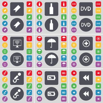 Microphone, Arrow right, Trash can, Key, Media stop, Badge, USB, Heart, Battery icon symbol. A large set of flat, colored buttons for your design. illustration