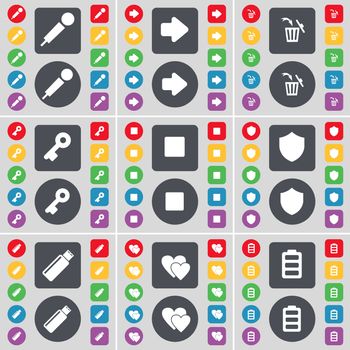 Microphone, Arrow right, Trash can, Key, Media stop, Badge, USB, Heart, Battery icon symbol. A large set of flat, colored buttons for your design. illustration