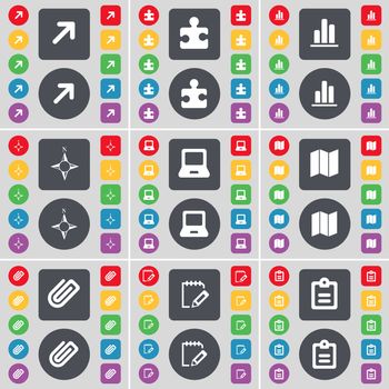 Full screen, Puzzle part, Diagram, Compass, Laptop, Map, Clip, Notebook, Survey icon symbol. A large set of flat, colored buttons for your design. illustration