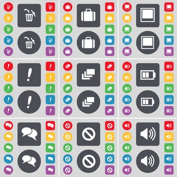 Trash can, Suitcase, Window, Exclamation mark, Gallery, Battery, Chat, Stop, Sound icon symbol. A large set of flat, colored buttons for your design. illustration