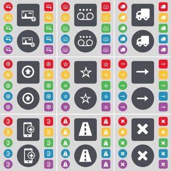 Picture, Cassette, Truck, Arrow up, Star, Arrow right, Smartphone, Road, Stop icon symbol. A large set of flat, colored buttons for your design. illustration