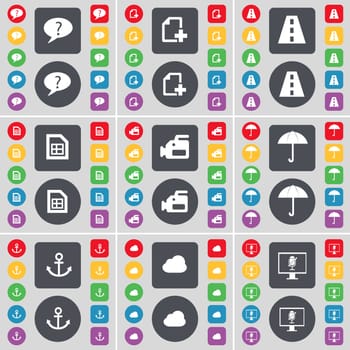 Chat bubble, File, Road, File, Film camera, Umbrella, Anchor, Cloud, Monitor icon symbol. A large set of flat, colored buttons for your design. illustration
