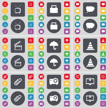 Retro TV, Lock, Chat cloud, Clapper, Umbrella, Cone, Clip, Projector, Monitor icon symbol. A large set of flat, colored buttons for your design. illustration
