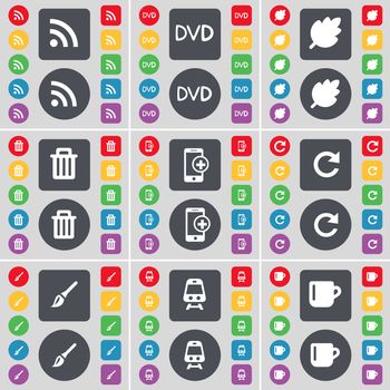 RSS, DVD, Leaf, Trash can, Smartphone, Reload, Brush, Train, Cup icon symbol. A large set of flat, colored buttons for your design. illustration