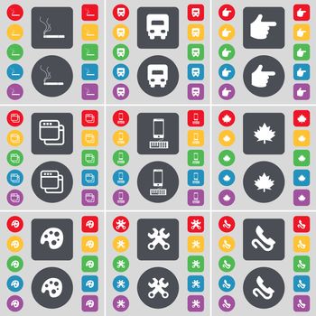 Cigarette, Truck, Hand, Window, Smartphone, Maple leaf, Palette, Wrench, Receiver icon symbol. A large set of flat, colored buttons for your design. illustration
