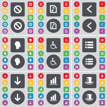 Stop, Music file, Arrow left, Silhouette, Disabled person, List, Arrow down, Diagram, Silk hat icon symbol. A large set of flat, colored buttons for your design. illustration