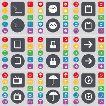 Cigarette, Clock, Survey, Table PC, Lock, Arrow right, Retro TV, Umbrella, Compass icon symbol. A large set of flat, colored buttons for your design. illustration