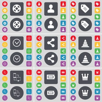 Videotape, Avatar, Tag, Arrow down, Share, Cone, Connection, Battery, Crown icon symbol. A large set of flat, colored buttons for your design. illustration