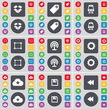 Dropbox, Tag, Train, Frame, Wi-Fi, Gear, Cloud, Floppy, Rewind icon symbol. A large set of flat, colored buttons for your design. illustration