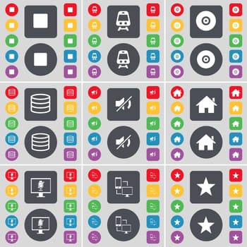 Media stop, Train, Disk, Database, Mute, House, Monitor, Connection, Star icon symbol. A large set of flat, colored buttons for your design. illustration