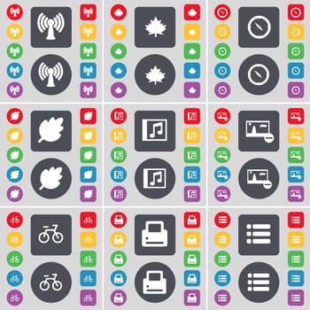 Wi-Fi, Maple leaf, Compass, Leaf, Music window, Picture, Bicycle, Printer, List icon symbol. A large set of flat, colored buttons for your design. illustration