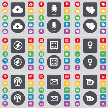 Cloud, Microphone, Heart, Flash, Bed-table, Venus symbol, Wi-Fi, Message, Film camera icon symbol. A large set of flat, colored buttons for your design. illustration