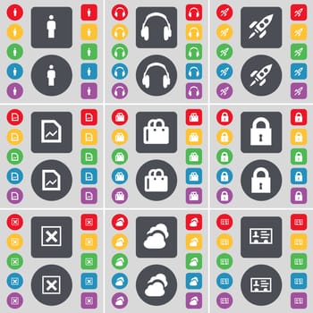Silhouette, Headphones, Rocket, Graph, Shopping bag, Lock, Stop, Cloud, Contact icon symbol. A large set of flat, colored buttons for your design. illustration