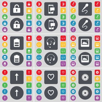 Lock, SMS, Microphone, Battery, Headphones, Window, Arrow up, Heart, Lens icon symbol. A large set of flat, colored buttons for your design. illustration