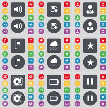 Sound, Floppy, Avatar, Golf hole, Cloud, Star, Gramophone, Battery, Pause icon symbol. A large set of flat, colored buttons for your design. illustration
