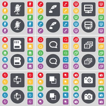 Microphone, Ink pot, Server, SIM card, Chat bubble, Gallery, Mailbox, Copy, Camera icon symbol. A large set of flat, colored buttons for your design. illustration