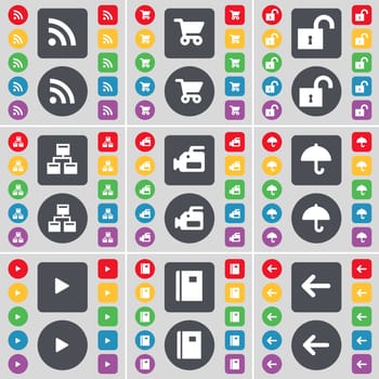 RSS, Shopping cart, Lock, Network, Film camera, Umbrella, Media play, Notebook, Arrow left icon symbol. A large set of flat, colored buttons for your design. illustration
