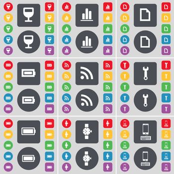 Wineglass, Diagram, File, Battery, RSS, Wrench, Battery, Wrist watch, Smartphone icon symbol. A large set of flat, colored buttons for your design. illustration