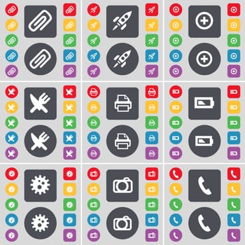 Clip, Rocket, Plus, Fork and knife, Printer, Battery, Gear, Camera, Receiver icon symbol. A large set of flat, colored buttons for your design. illustration