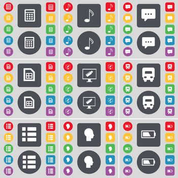 Calculator, Note, Chat bubble, File, Monitor, Truck, List, Silhouette, Battery icon symbol. A large set of flat, colored buttons for your design. illustration
