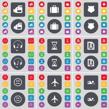 Film camera, Suitcase, Police badge, Headphones, Hourglass, ZIP file, Smile, Airplane, Swimmer icon symbol. A large set of flat, colored buttons for your design. illustration