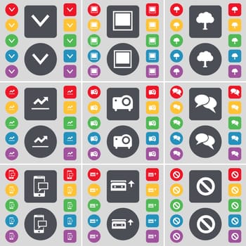 Arrow down, Window, Tree, Graph, Projector, Chat, SMS, Cassette, Stop icon symbol. A large set of flat, colored buttons for your design. illustration