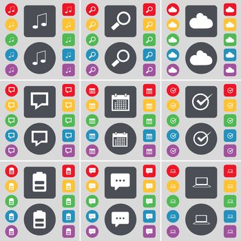 Note, Magnifying glass, Cloud, Chat bubble, Calendar, Tick, Battery, Laptop icon symbol. A large set of flat, colored buttons for your design. illustration