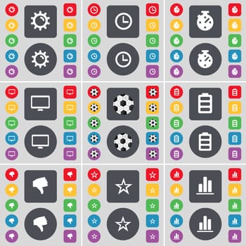 Gear, Clock, Stopwatch, Monitor, Ball, Battery, Dislike, Star, Diagram icon symbol. A large set of flat, colored buttons for your design. illustration