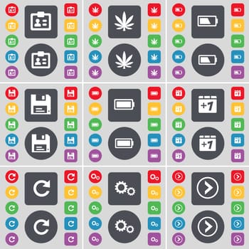 Contact, Marijuana, Battery, Floppy, Battery, Plus one, Reload, Arrow right icon symbol. A large set of flat, colored buttons for your design. illustration