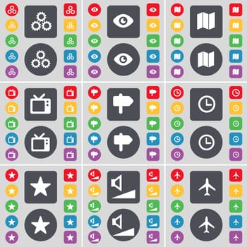Gear, Vision, Map, Retro TV, Signpost, Clock, Star, Volume, Ariplane icon symbol. A large set of flat, colored buttons for your design. illustration