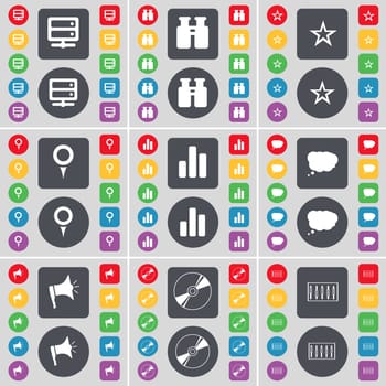 Server, Binoculars, Star, Checkpoint, Diagram, Chat cloud, Megaphone, Disk, Equalizer icon symbol. A large set of flat, colored buttons for your design. illustration