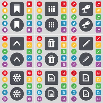 Marker, Apps, Microphone, Arrow up, Trash can, Pencil, Snowflake, Graph file icon symbol. A large set of flat, colored buttons for your design. illustration