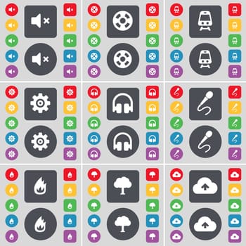 Mute, Videotape, Train, Gear, Headphones, Microphone, Fire, Tree, Cloud icon symbol. A large set of flat, colored buttons for your design. illustration
