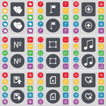 Heart, Golf hole, Plus, Number, Frame, Note, Floppy, Download file, Heart icon symbol. A large set of flat, colored buttons for your design. illustration
