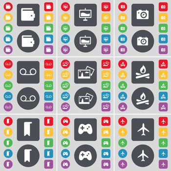 Wallet, Graph, Camera, Cassette, Picture, Campfire, Marker, Gamepad, Airplane icon symbol. A large set of flat, colored buttons for your design. illustration