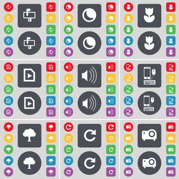 Mailbox, Moon, Flower, Media file, Sound, Smartphone, Tree, Reload, Projector icon symbol. A large set of flat, colored buttons for your design. illustration