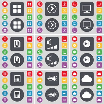 Apps, Arrow right, Monitor, ZIP file, Volume, Media skip, Calendar, Trumped, Cloud icon symbol. A large set of flat, colored buttons for your design. illustration