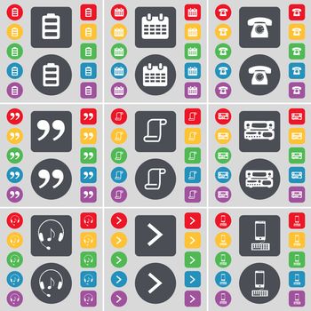 Battery, Calendar, Retro phone, Quotation mark, Scroll, Record player, Headphones, Arrow right, Smartphone icon symbol. A large set of flat, colored buttons for your design. illustration