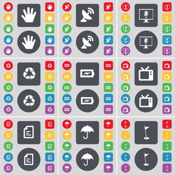 Hand, Satellite dish, Monitor, Recycling, Charging, Retro TV, Text file, Umbrella, Golf hole icon symbol. A large set of flat, colored buttons for your design. illustration