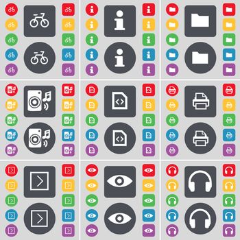 Bicycle, Information, Folder, Speaker, File, Printer, Arrowr right, Vision, Headphones icon symbol. A large set of flat, colored buttons for your design. illustration