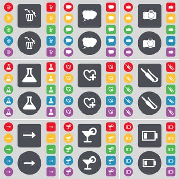 Trash can, Chat cloud, Camera, Flask, Heart, Microphone connector, Arrow right, Cocktail, Battery icon symbol. A large set of flat, colored buttons for your design. illustration