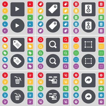 Media skip, Tag, Speaker, Magnifying glass, Frame, Trash can, Helicopter, Back icon symbol. A large set of flat, colored buttons for your design. illustration