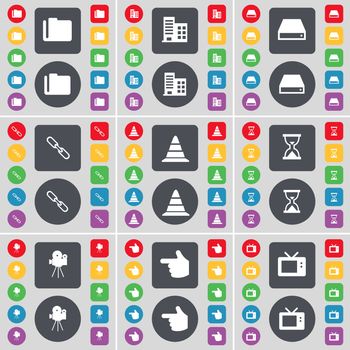 Folder, Newspaper, Hard drive, Link, Cone, Hourglass, Film camera, Hand, Microwave icon symbol. A large set of flat, colored buttons for your design. illustration